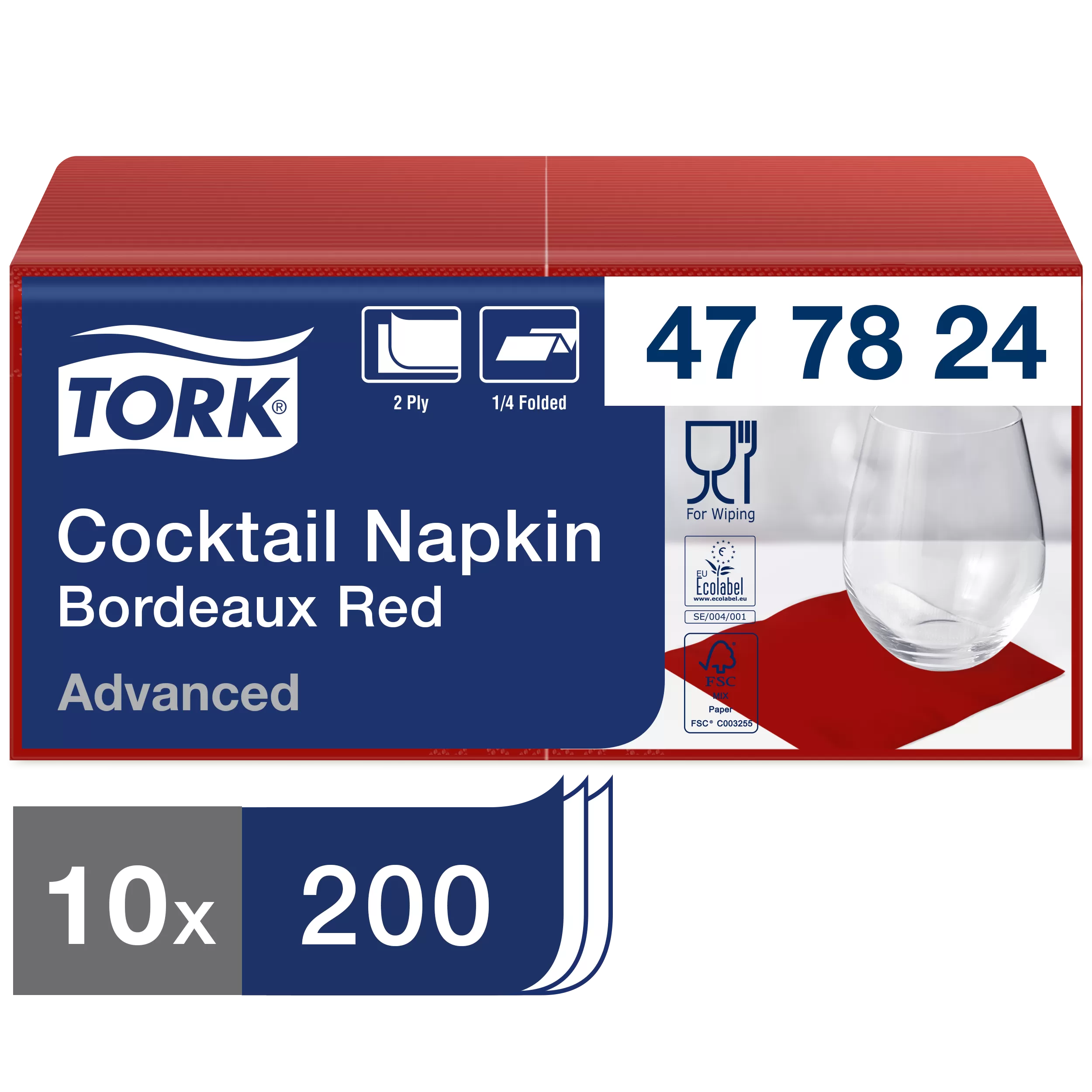 Фото товара: Салфетки Tork 2-сл 24х24см, 200шт, бордо