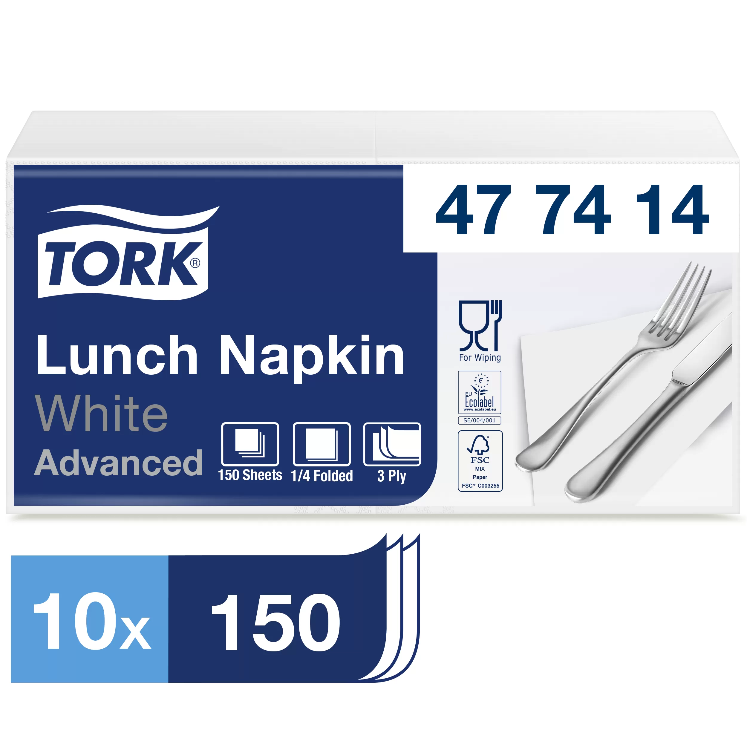 Фото товара: Tork салфетки 33 белые Advanced 150 шт 3 сл