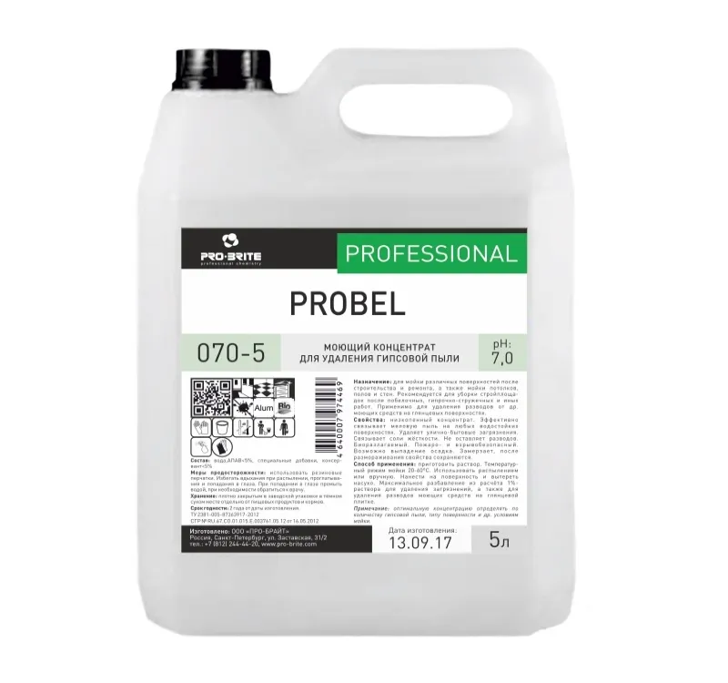 Фото товара: Средство универсальное моющее  5л Pro-Brite PROBEL  для удаления гипсовой пыли (070-5)