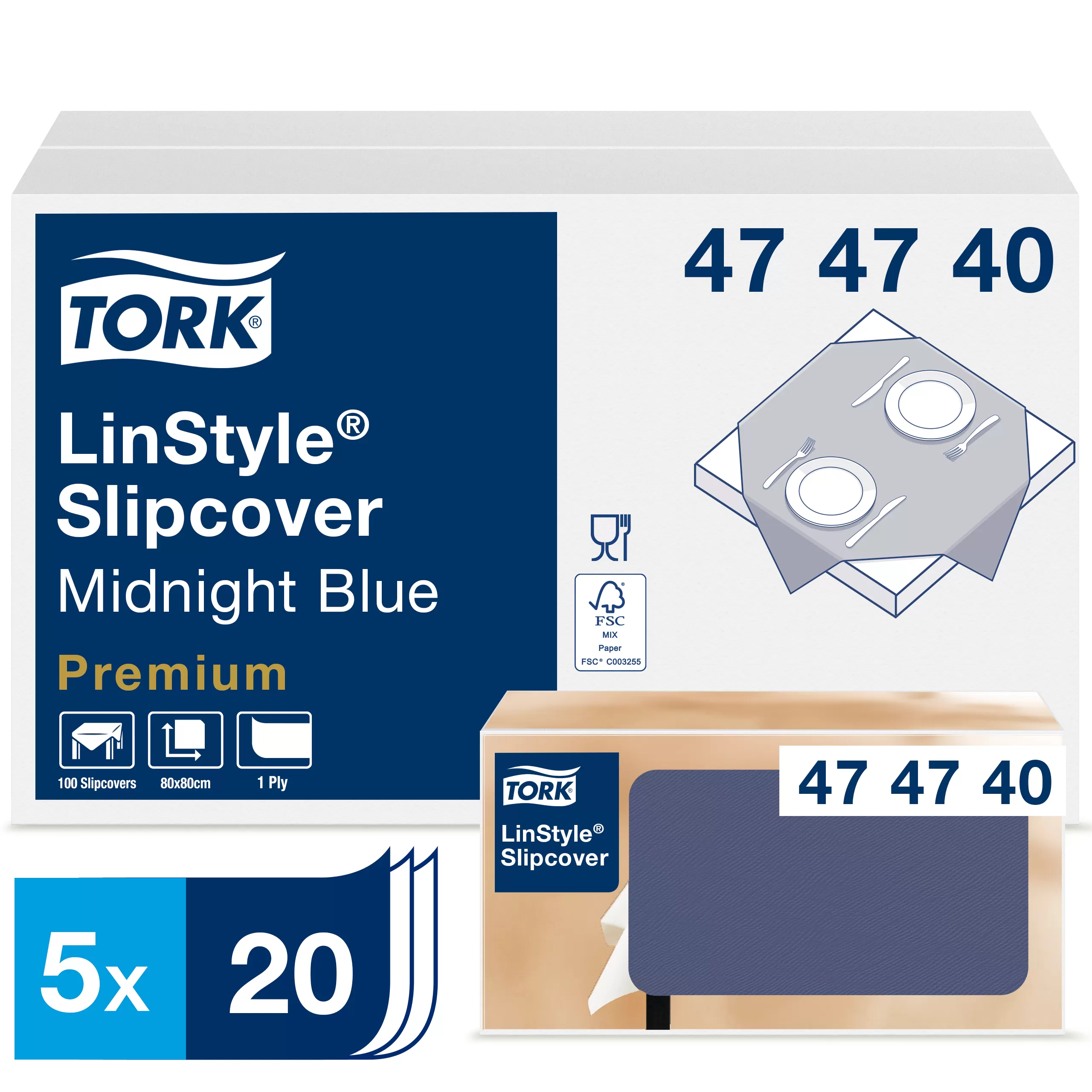 Фото товара: Скатерти Tork LinStyle, Premium,  1 сл, 20 листов, 80х80 см, темно-синие