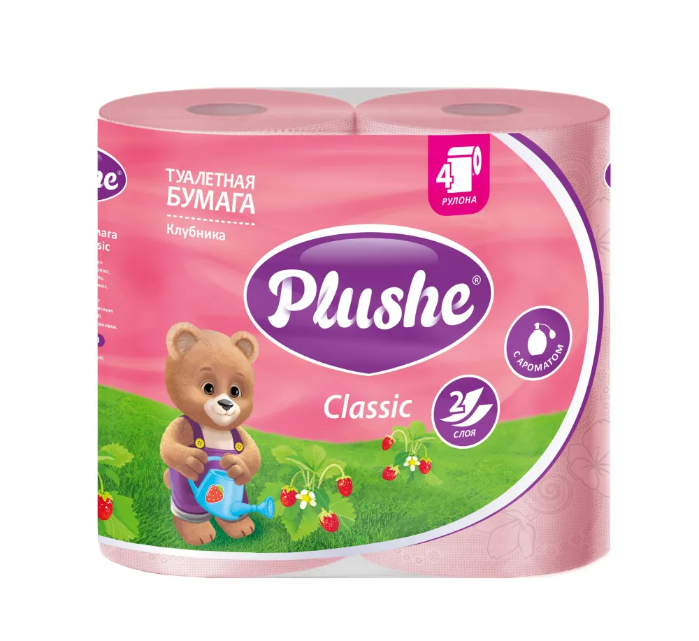 Фото товара: PLUSHE Туалетная бумага «Classic Клубника», розовая, 2-сл. 18 м (4 рул.) 1/12