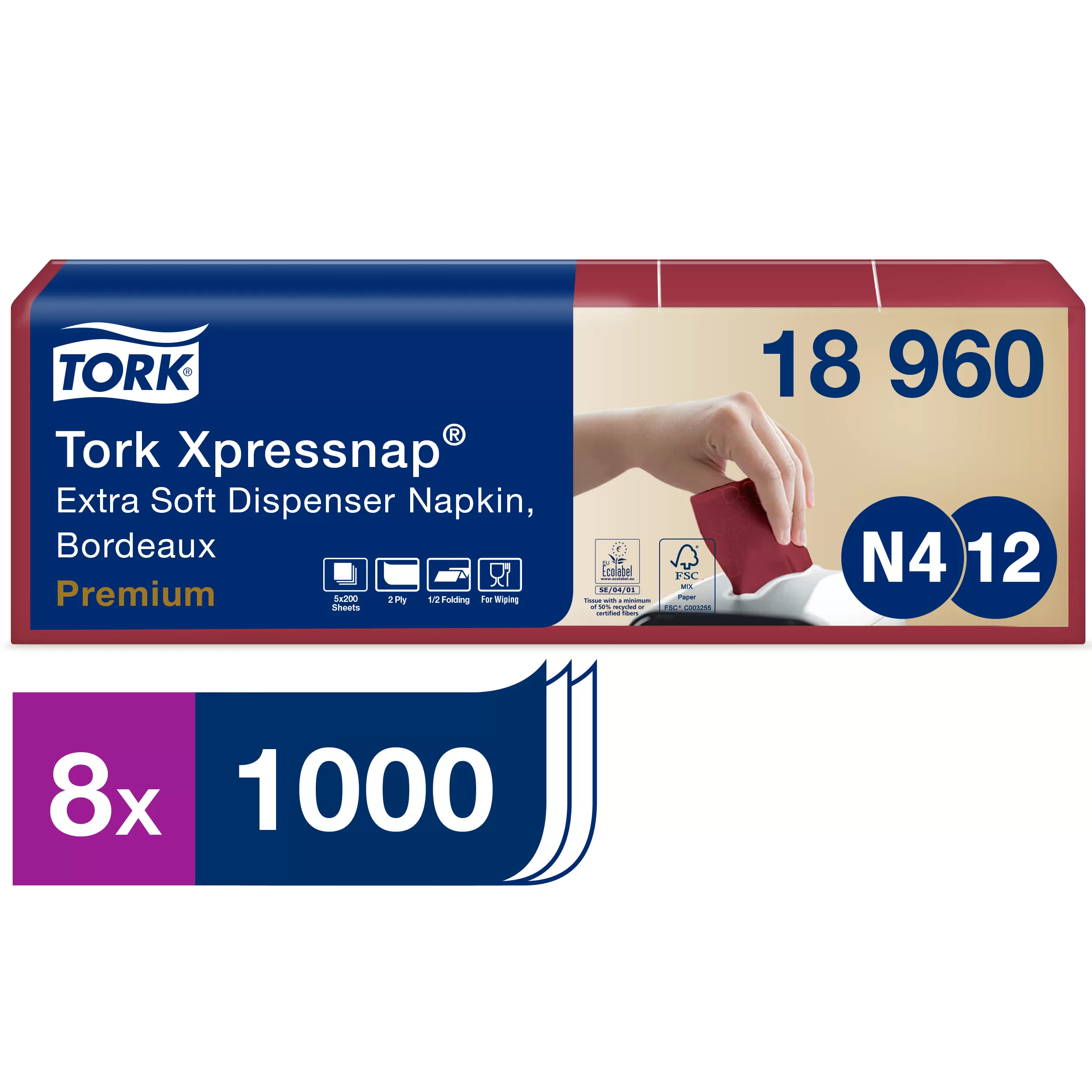 Фото товара: Диспенсерные салфетки Tork Xpressnap, ультрамягкие, N4, 21.3х16.5 см, 2 сл, бордо