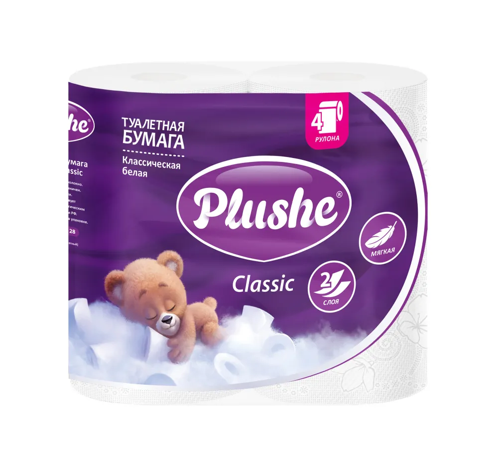 Фото товара: PLUSHE Туалетная бумага «Classic», белая, 2-сл. 18 м (4 рул.) 1/12