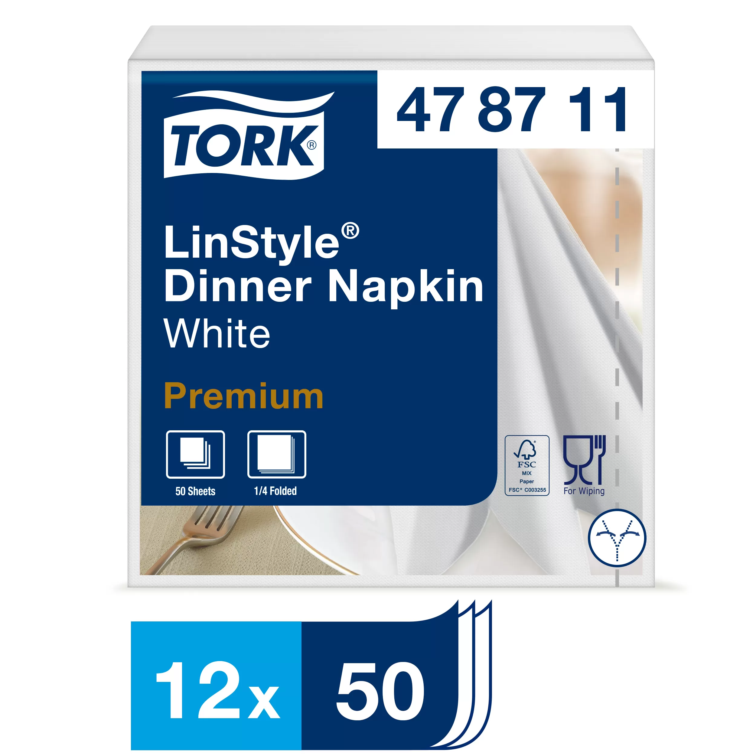 Фото товара: Салфетки Tork LinStyle, Premium, 39х39 см, 1 сл, 50 листов, белые