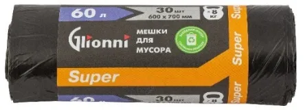 Фото товара: Мешок 60 л чёрный Super GLIONNI 1 рул./30 шт.