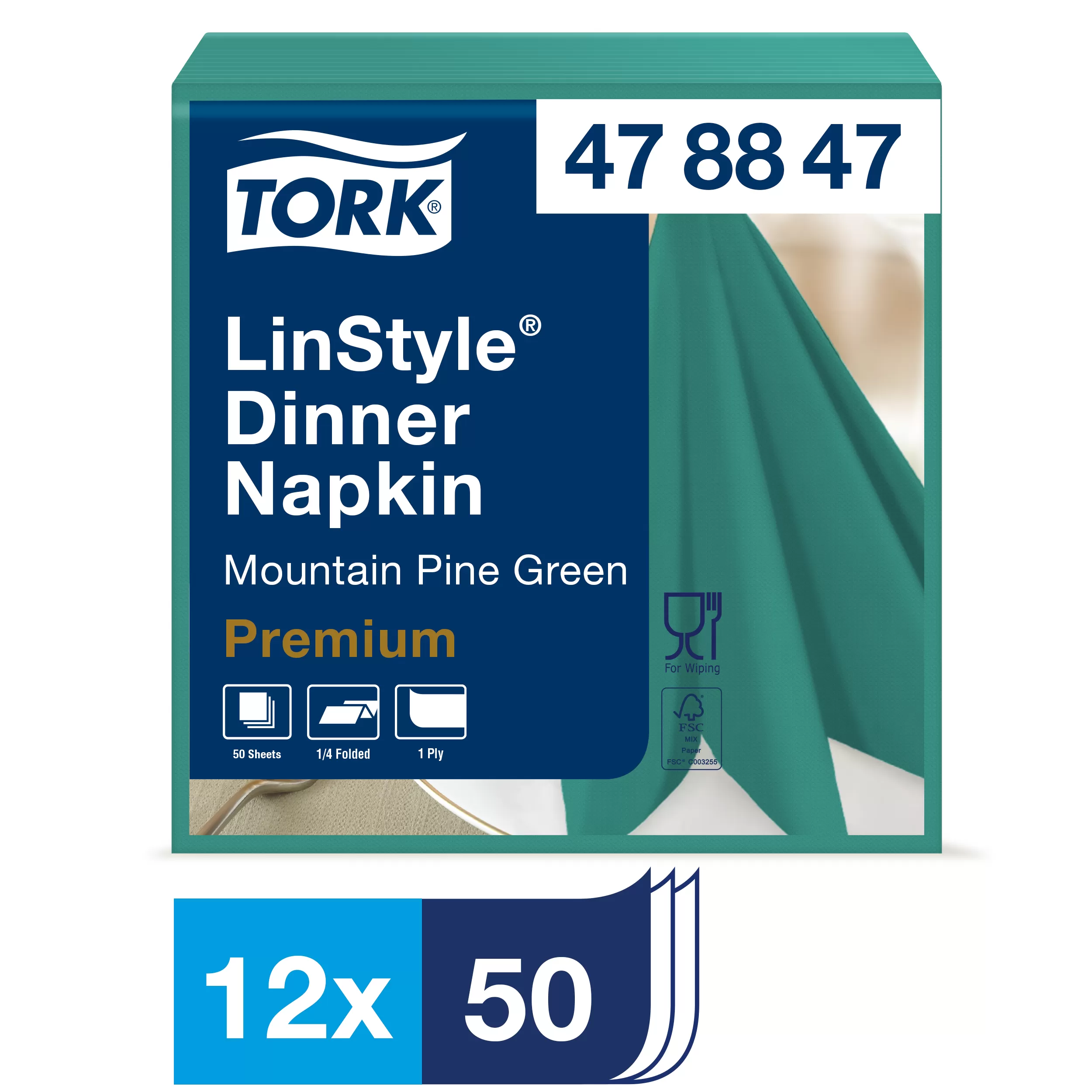 Фото товара: Салфетки Tork LinStyle, Premium, 39х39 см, 1 сл, 50 листов, темно-зеленые