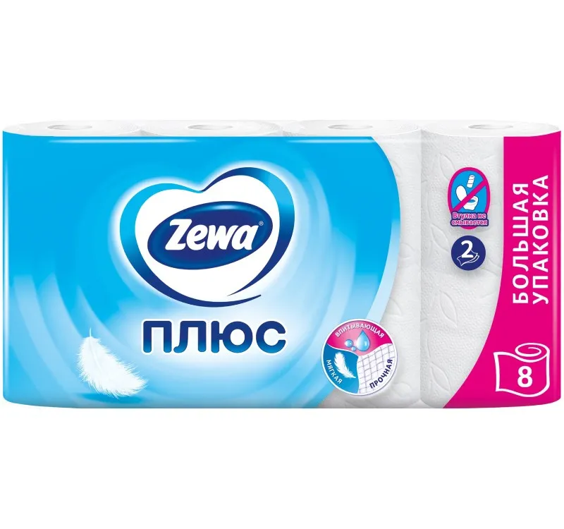 Фото товара: Туалетная бумага Zewa Plus 2-сл. 8 рул./упак. белая