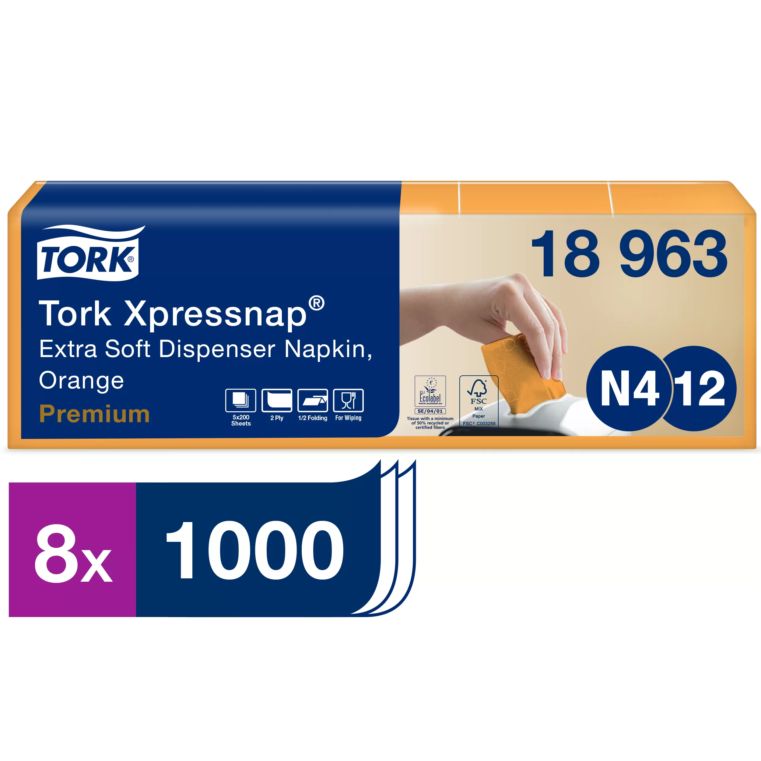 Фото товара: Диспенсерные салфетки Tork Xpressnap, ультрамягкие, N4, 21.3х16.5 см, 2 сл, оранжевые