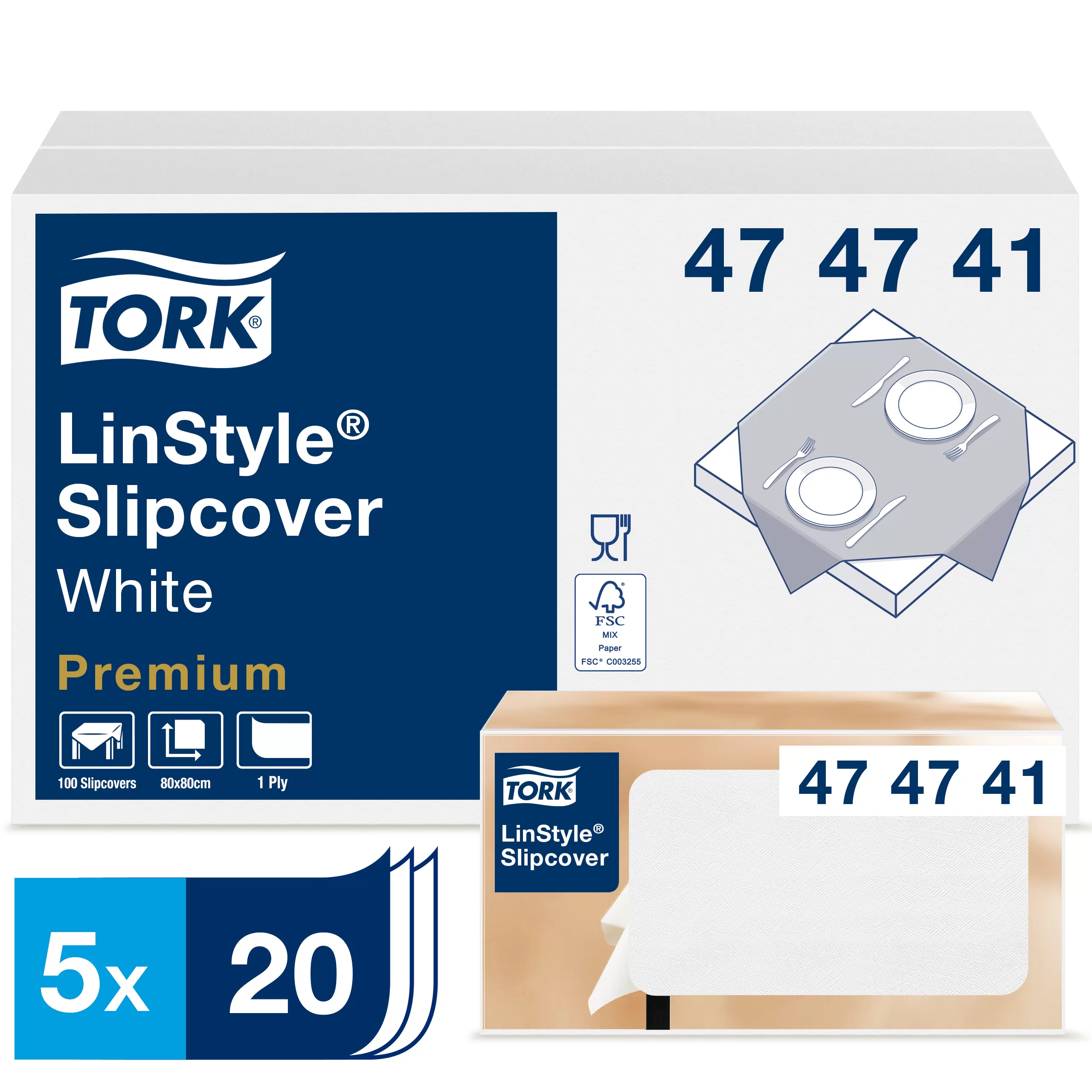 Фото товара: Скатерти Tork LinStyle, Premium,  1 сл, 20 листов, 80х80 см, белые