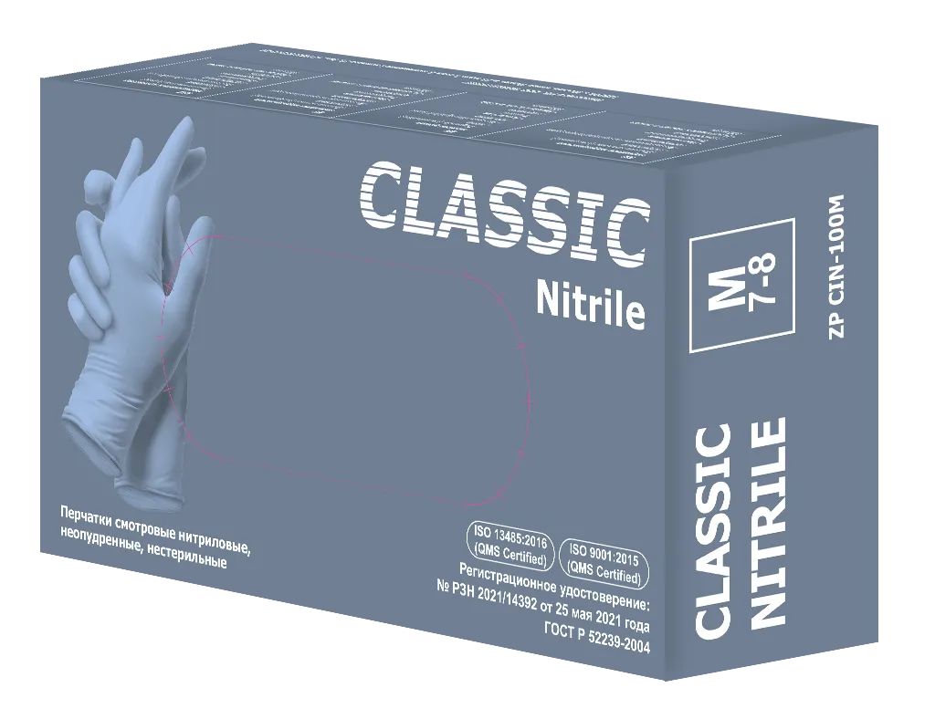 Фото товара: Перчатки нитриловые нестерильные неопудренные голубые ZP Classic Nitrile, M 50 пар/уп.