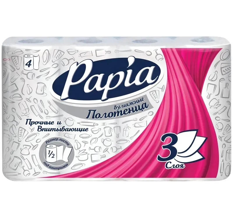 Фото товара: Полотенце бумажное Papia 3-сл. 4 рул./упак. 1/2 листа белое (5062170)