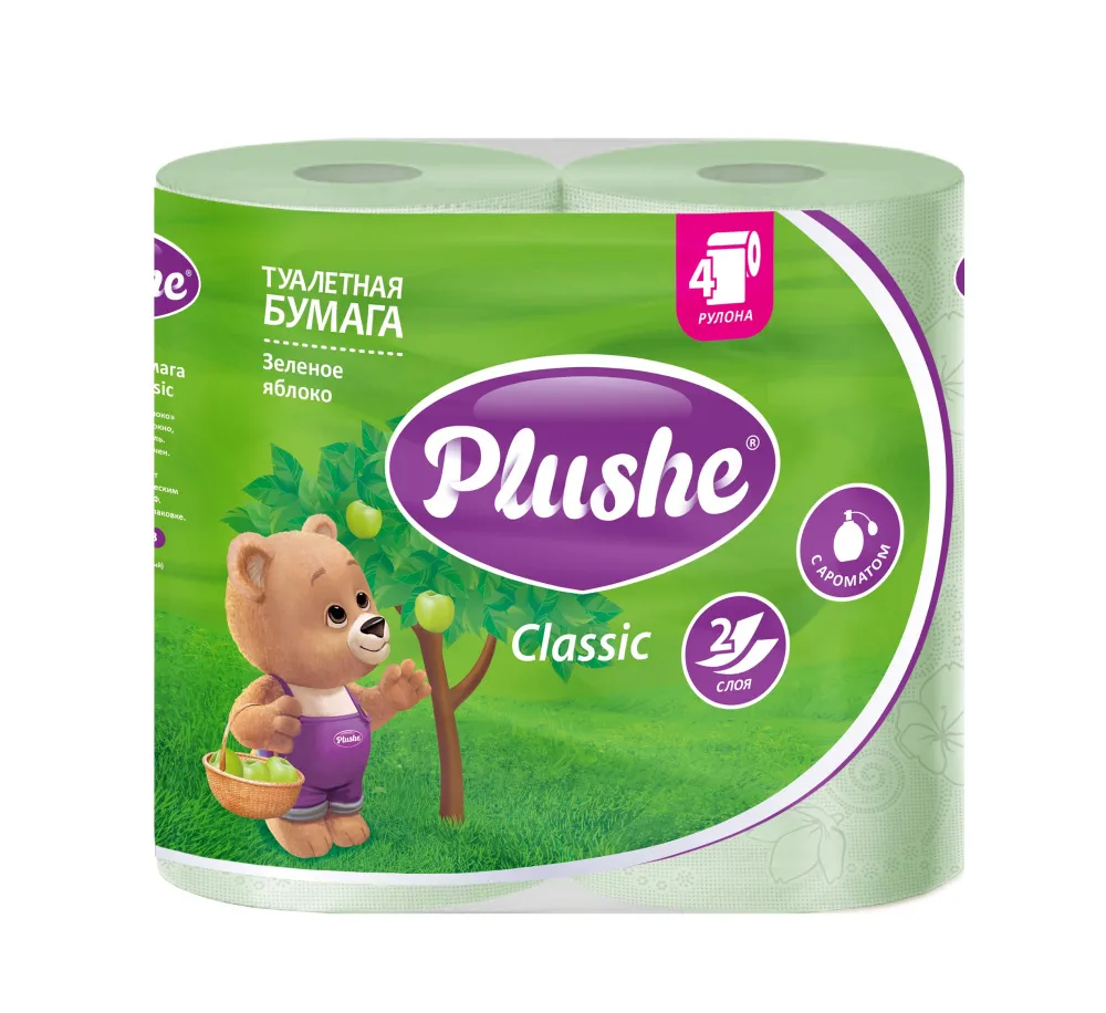 Фото товара: PLUSHE Туалетная бумага «Classic Зеленое яблоко», зеленая, 2-сл. 18 м (4 рул.) 1/12