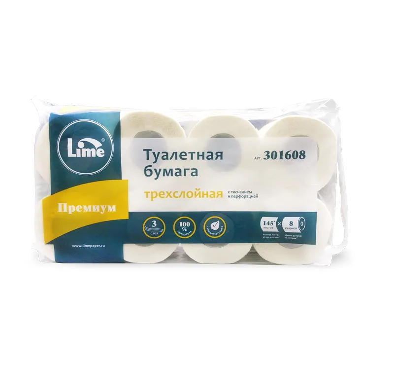 Фото товара: Туалетная бумага Lime 3-сл. 8 рул./упак. белая 15 м (301608)