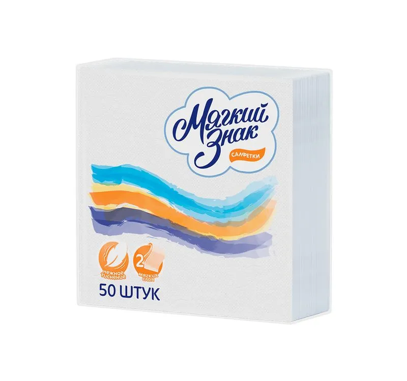 Фото товара: Салфетки бумажные МЯГКИЙ ЗНАК DeLuxe 2-сл. 24х24 50 л./упак. 