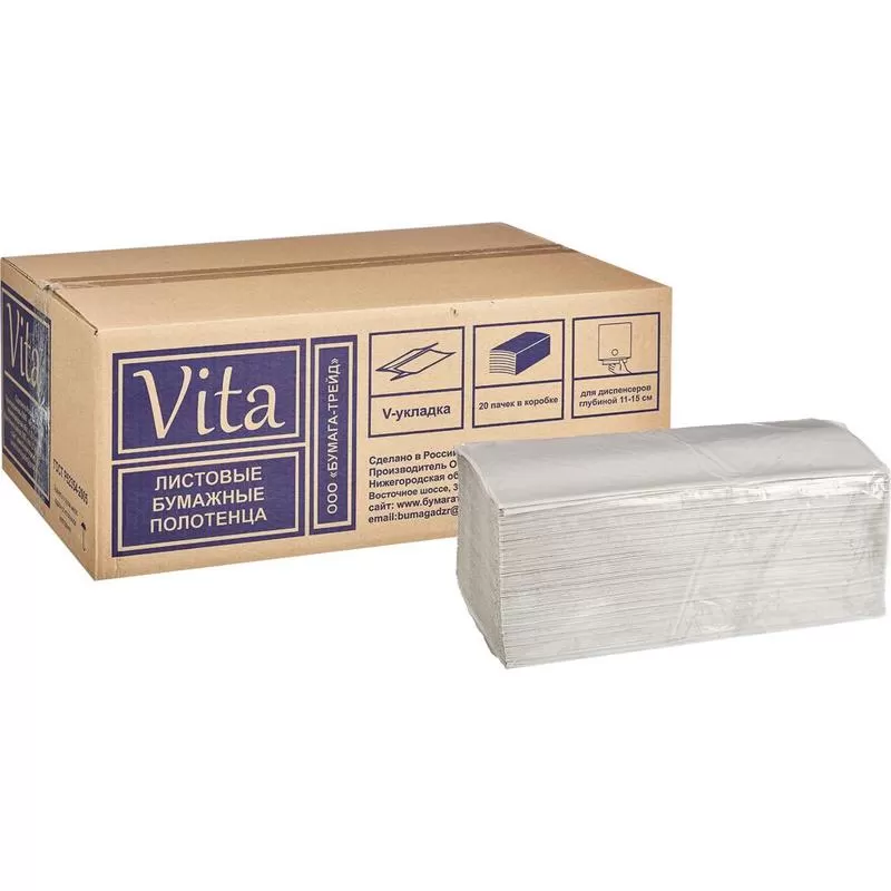 Фото товара: Полотенца в пач. Vita V-сл, 1-сл, 250л, 22,5х22,5см, 35 г/метр, светло-серые 1/20