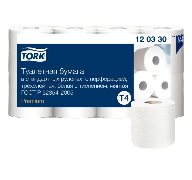Фото товара: Туалетная бумага TORK Premium T4 3-сл. 8 рул./упак. белая (120330) FSС (12 шт.)