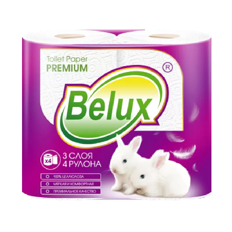 Фото товара: Туалетная бумага в рулонах Belux 3 сл., 4 рул., 18 м., 150 л., белая